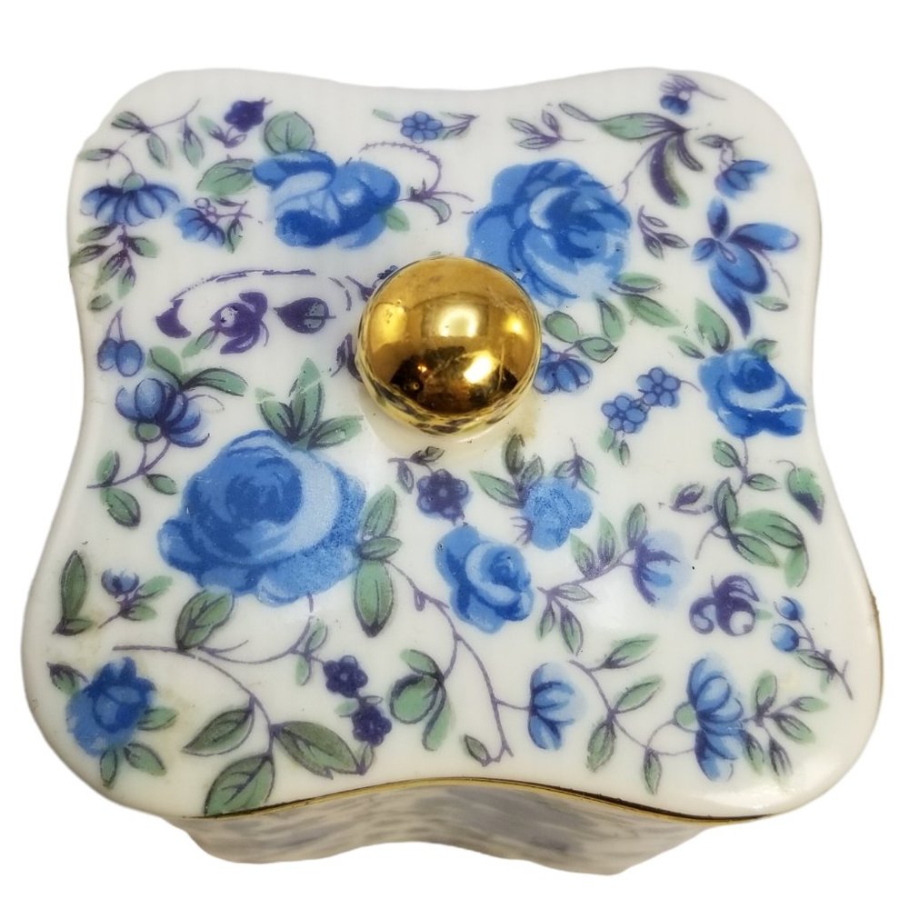 Blue Roses Porcelain Tea Box, Vintage Keepsake, Gold Trim Top Lid Trinket Jar - Picture 2 of 8